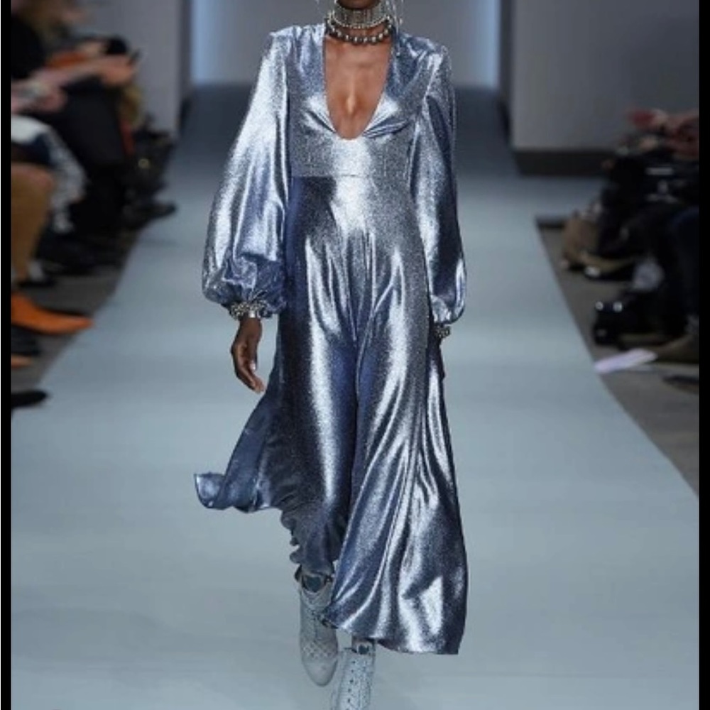 ZIMMERMANN Metallic Bronze Adorn Lamé Plunging Evening Gown Dress Puff Sleeves